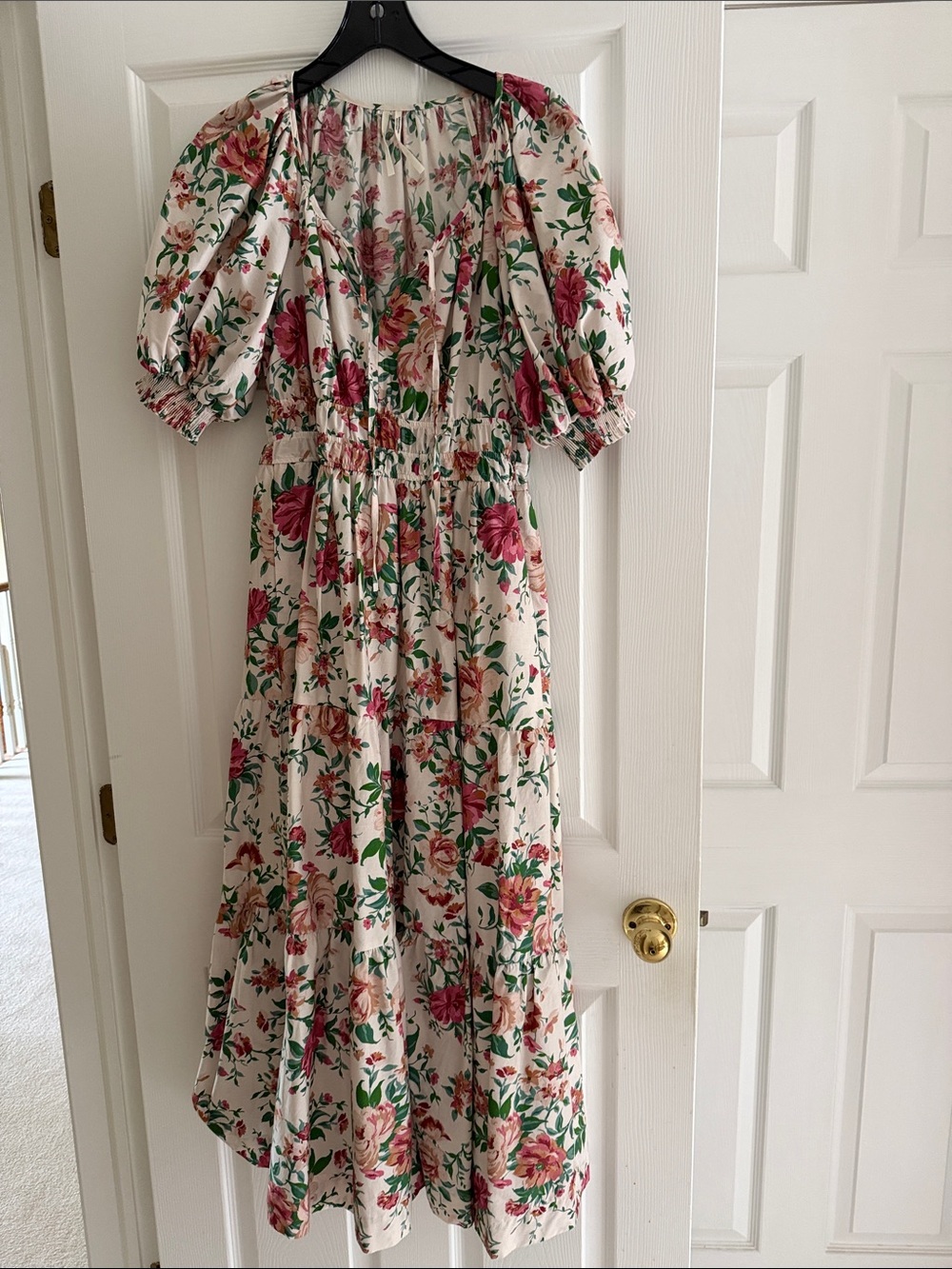Anthropologie Floral Puff-Sleeve Maxi Dress in Cream and Pink